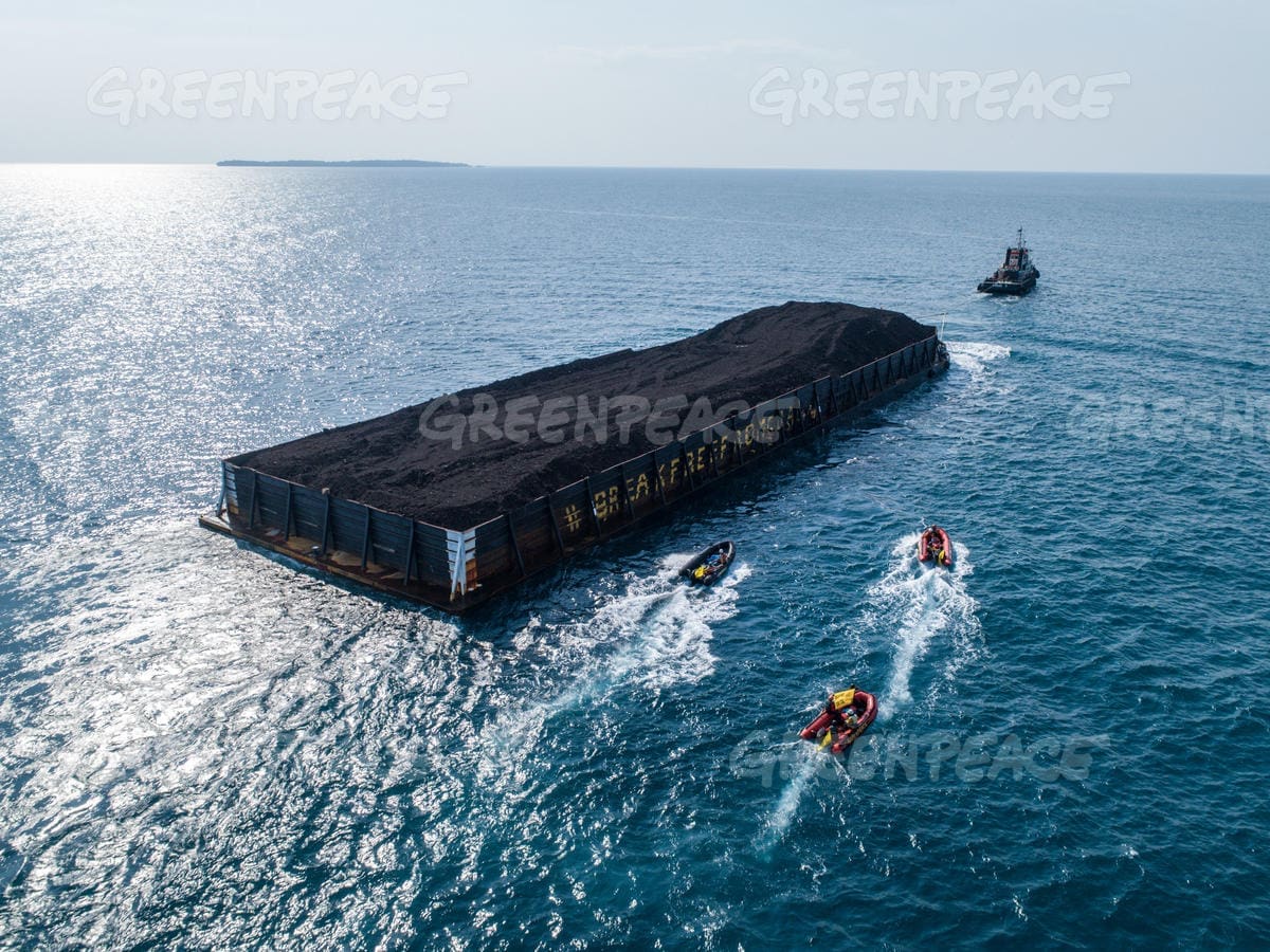 Activists from the Greenpeace ship Rainbow Warrior intercept barges carrying coal from mines in Kalimantan to power plants in Java, Indonesia. The barges are targeted as they pass through the stunning Karimunjawa archipelago, in protest against the damage being done to coral reefs in the area.
Since January 2018, there have been three incidents where coal barges have damaged the reefs. In early 2017, hundreds of square meters of coral were destroyed by five barges taking shelter during storms (Nugroho Adi Putra/Greenpeace).